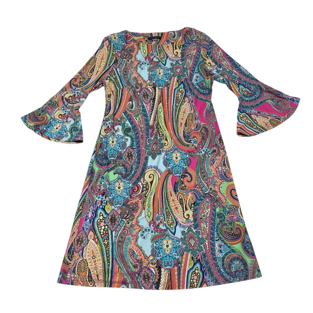 Tommy Hilfiger Dress Womens 10 Multi Color Paisley Bell Sleeve Shift Mini - Picture 8 of 8